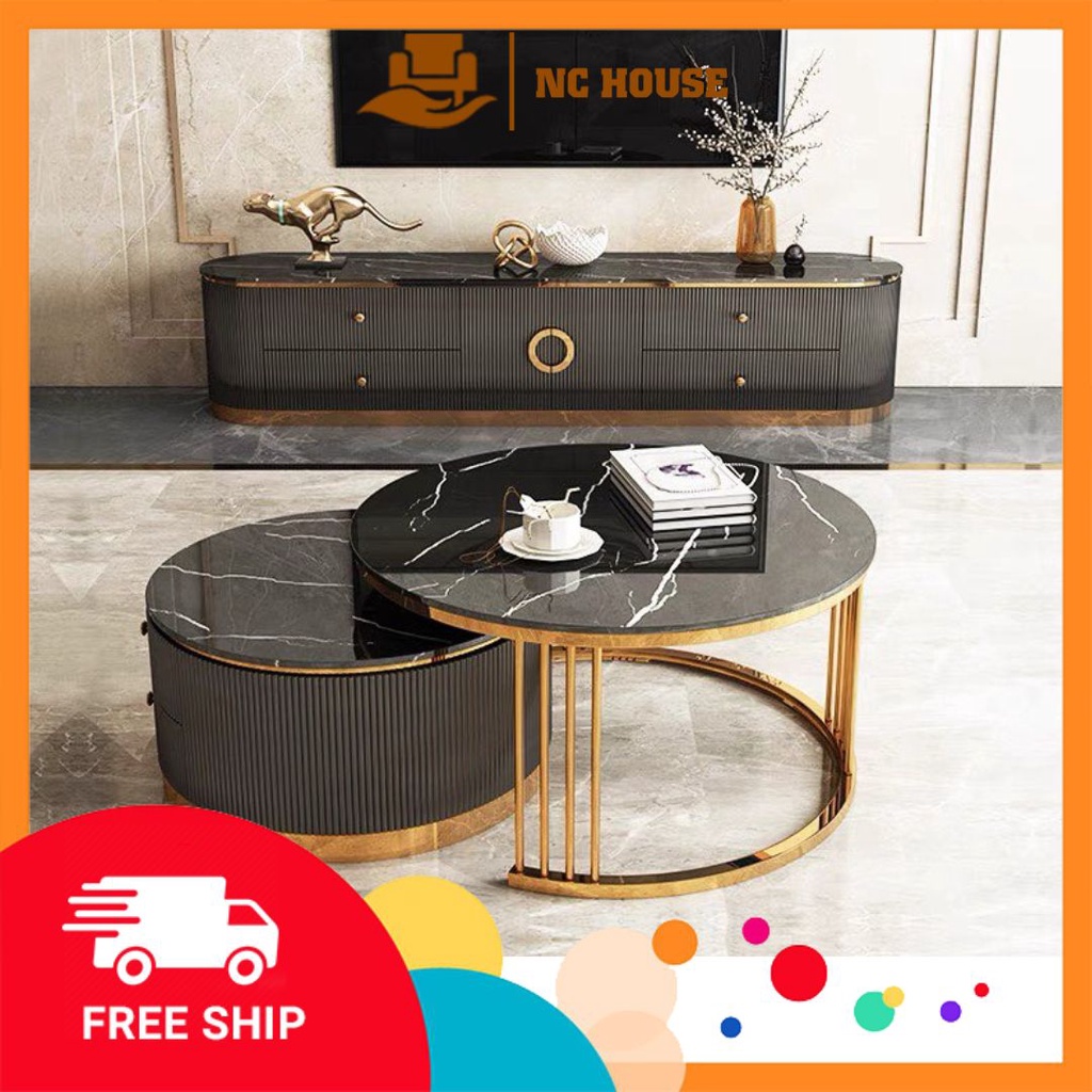 Đơn tỉnh ib shop - Bộ bàn trà đôi hai ngăn kéo ngăn tủ sọc, bàn sofa mặt đá, nội thất phòng khách phong cách bắc âu