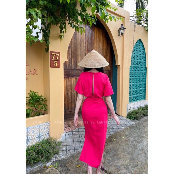 Đầm Váy nữ Cutout khoét eo midi vải Linen