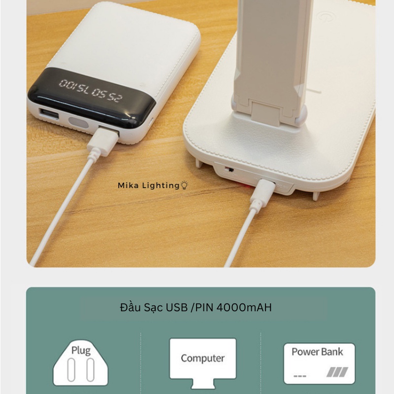 Đèn bàn học bảo vệ mắt LED tích hợp Pin 4000mAH 2 dải ánh sáng tách rộng thông minh kèm 3 cấp độ ánh sáng