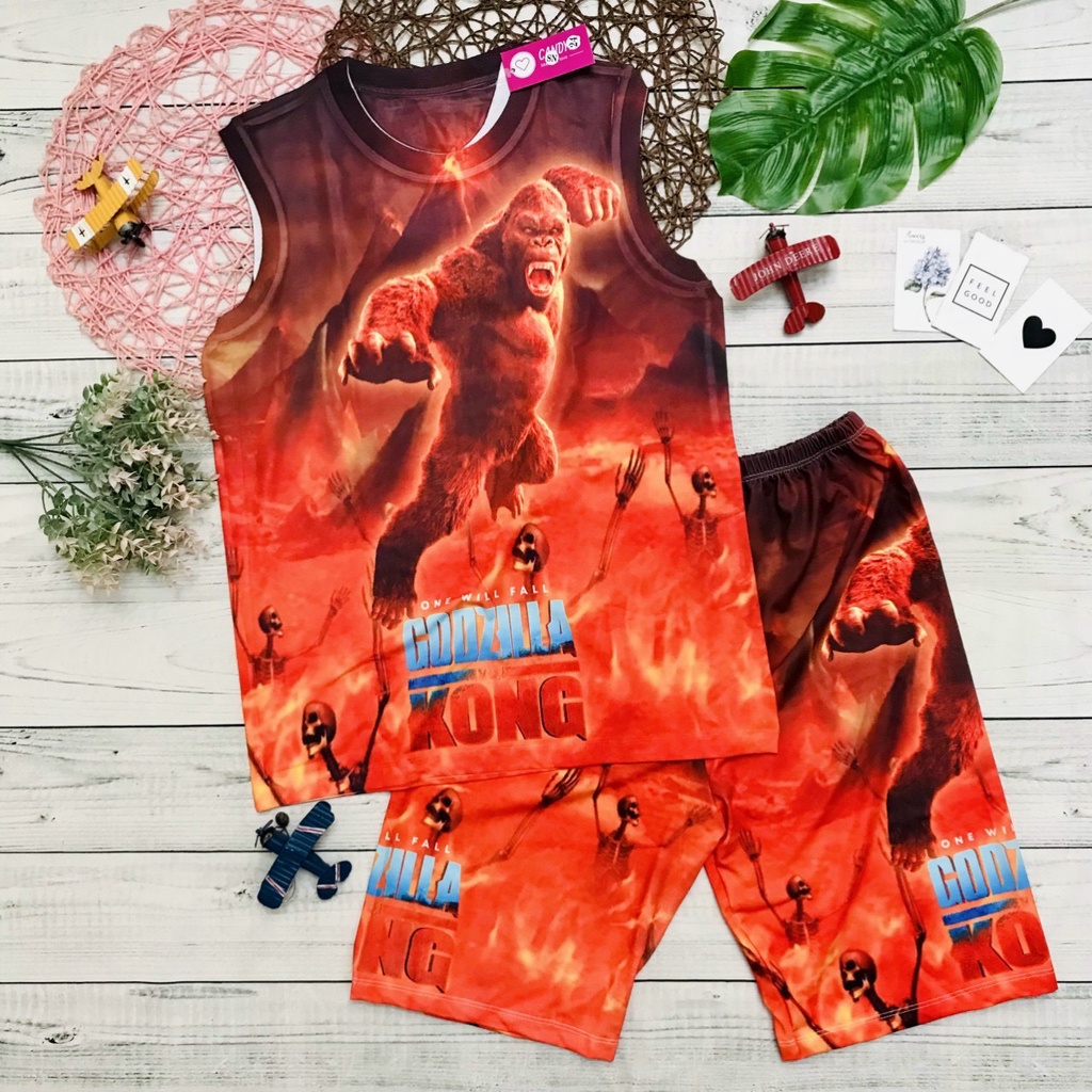 Bộ sát nách Godzilla KingKong bé trai 10kg đến 60kg, đồ bộ ba lỗ thun lạnh mềm mịn, size đại