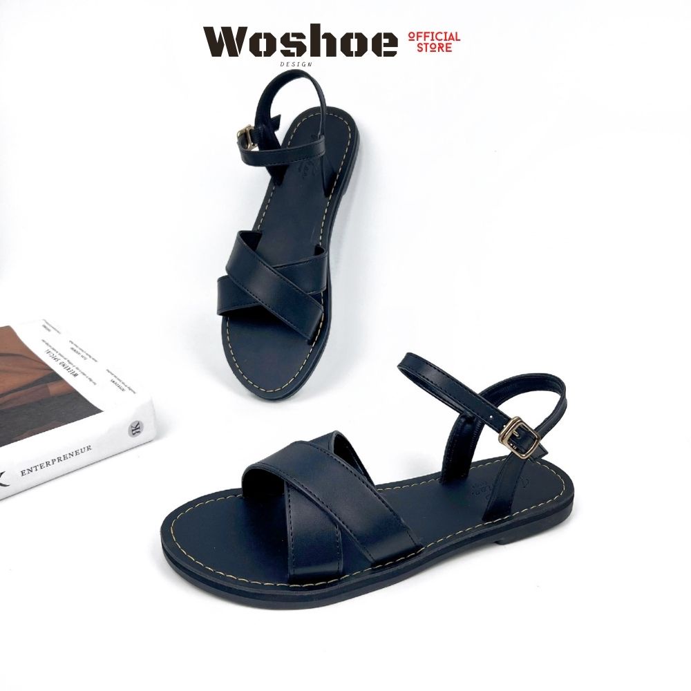 Giày sandal nữ quai chéo đế bệt WOSHOE đi học, đi làm full đen bigsize 34-42 W14