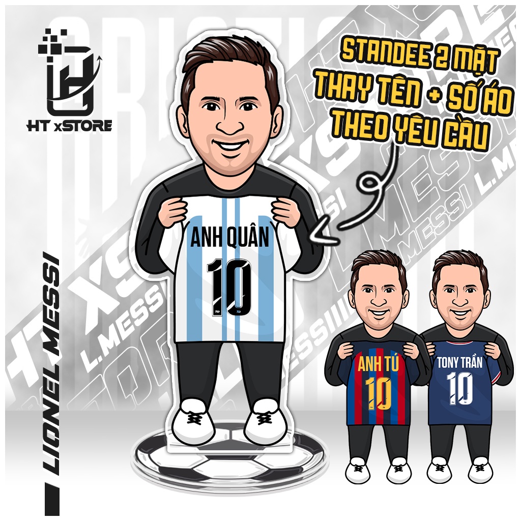 Mô hình standee in hình cầu thủ Messi M10 cầm áo bóng đá in tên và số áo theo yêu cầu, mô hình cầu thủ để bàn