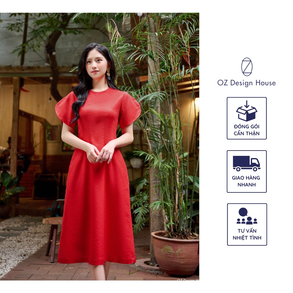 Đầm nữ OZ Design House DA05351SUM23 thô hàn cổ tròn chiết eo tay xẻ màu đỏ san hô