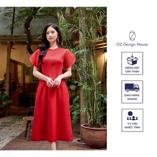 Đầm nữ OZ Design House DA05351SUM23 thô hàn cổ tròn chiết eo tay xẻ màu đỏ san hô