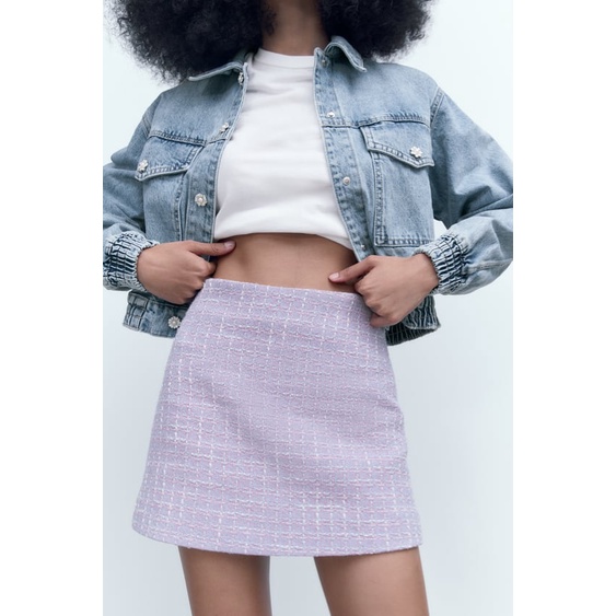 ZARA Đức - Chân váy auth sale new tag chính hãng tweed ngắn chữ A nỉ dạ tím caro 7790/377