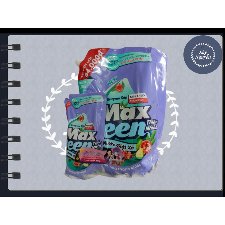 Túi Nước Giặt Xả Maxkleen Thiên Nhiên 3.6kg kèm túi 600g.