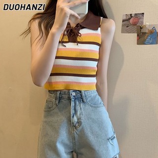 Áo sát nách DUOHANZI cổ bẻ cột dây họa tiết kẻ sọc phong cách cổ điển thời trang cho nữ