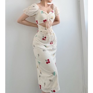 Đầm Midi Rút Dây Tôn Dáng (Bảng thêu hoa và màu trơn)