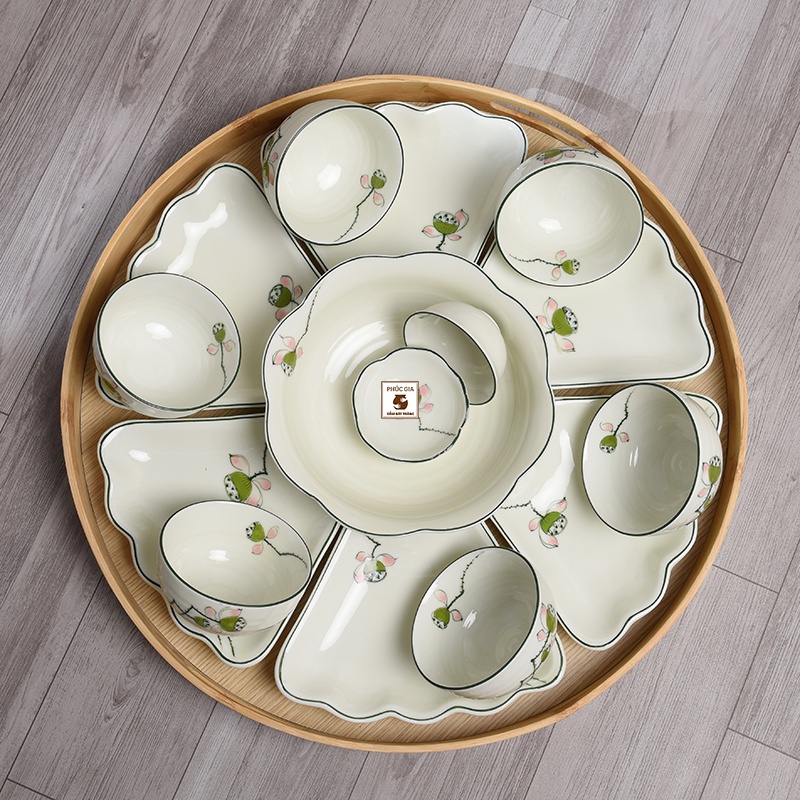 Bộ Bát Đĩa Hoa Mặt Trời men kem chỉ xanh hoa văn đài sen,Bộ bát đĩa cúng tết Gốm Bát Tràng, nhiều mẫu mã set 7-32 món