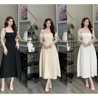 Đầm nữ dáng xòe kiểu dáng tiểu thư YADO, Váy nữ dạ hội 2 dây chất cotton lạnh phối vạt tay voan (có mút ngực) T144