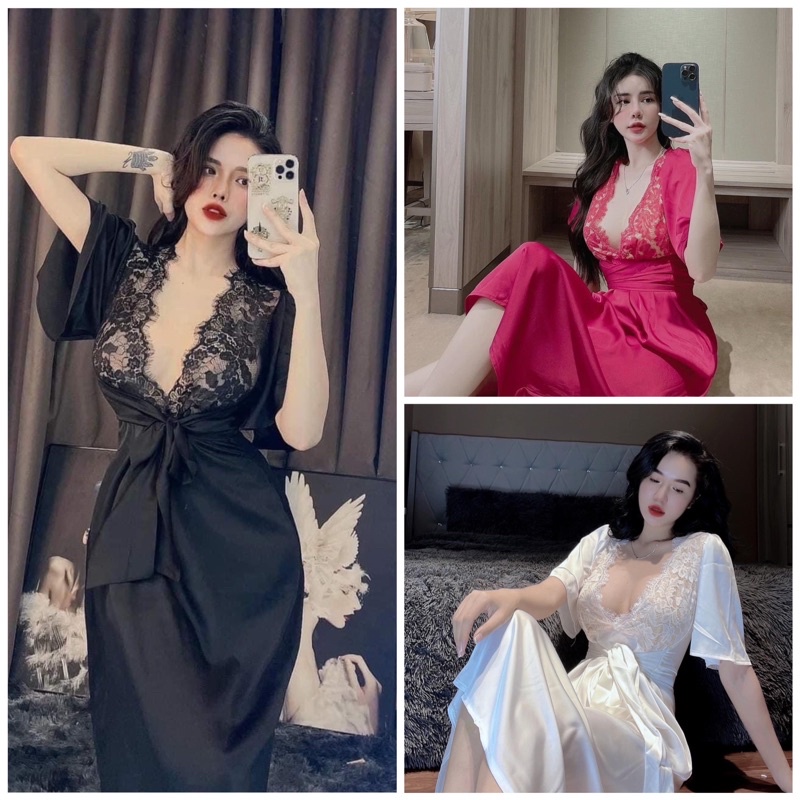 Váy ngủ lụa satin mềm mịn, thoáng mát, có nơ sau cột ôm dáng
