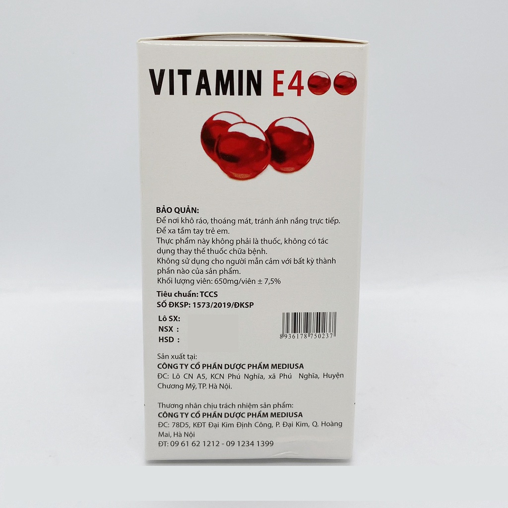 Viên uống Vitamin E400 giúp đẹp sáng da, da căng mịn, chống lão hóa da - Hộp 100 viên