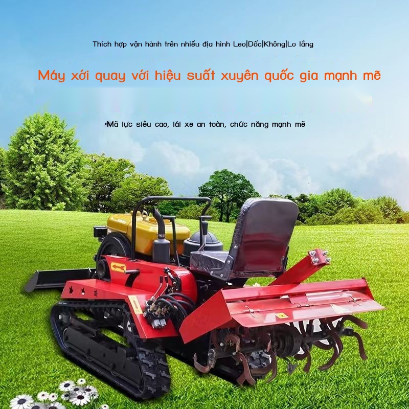Máy xới quay bánh xích nhỏ đa chức năng bỏ rải phân bón vườn cây ăn trái đi xe kéo đất