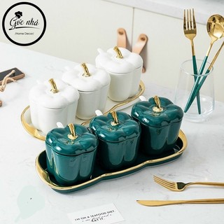 Bộ 3 hũ sứ đựng gia vị hình ớt chuông. bộ đựng gia vị chất liệu sứ cao cấp còn là món quà decor