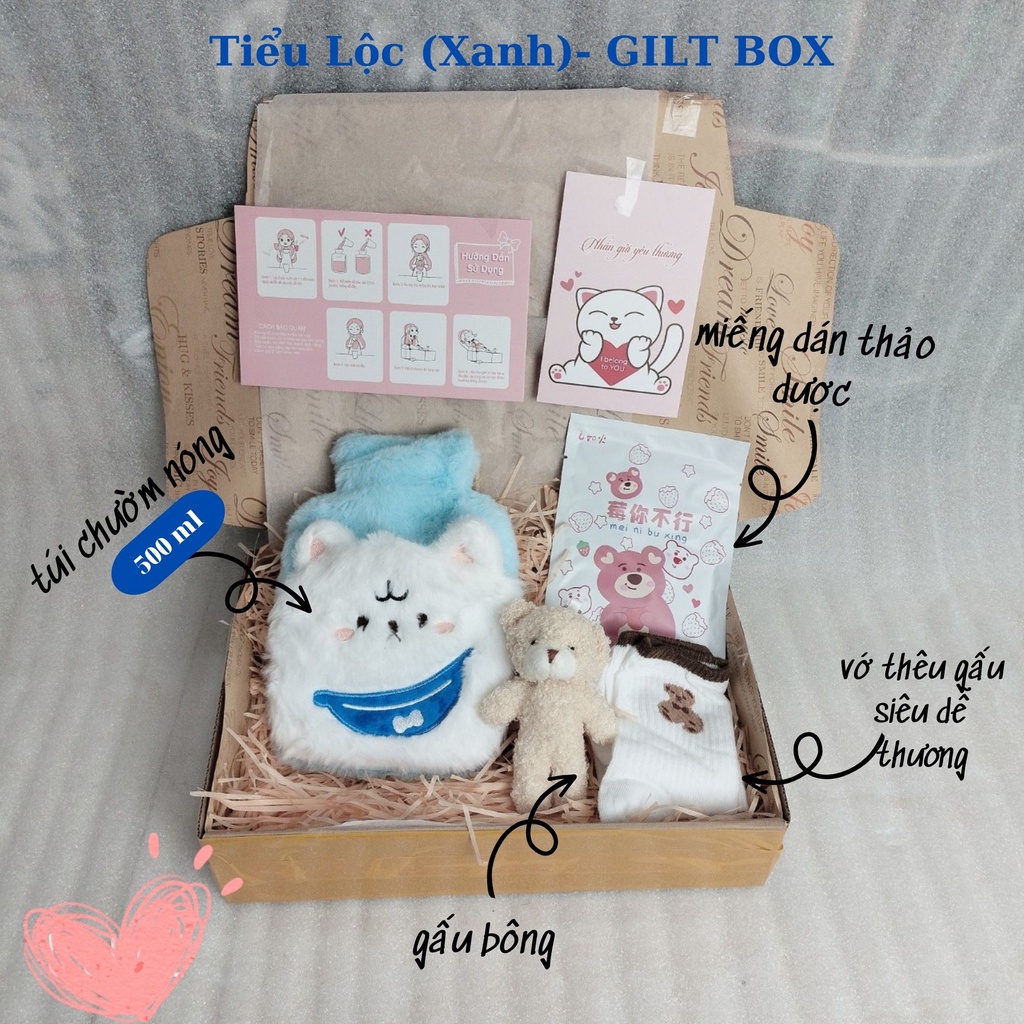 Box quà tặng bạn gái combo 5 món túi chườm nóng 500ml nhung mềm dễ thương