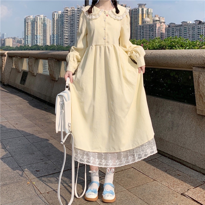 Đầm Phong Cách Nhật Bản Mềm Mại Cô Gái Búp Bê Cổ Áo Ren Váy Dài Tay Màu Be Nhạt Sica28