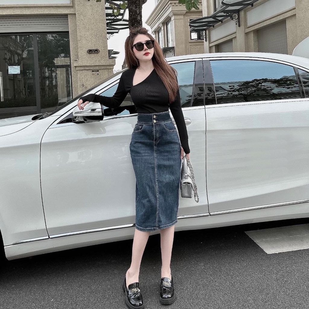 CHÂN VÁY JEANS 2 KHUY DÁNG LỠ FORM ÔM HACK DÁNG HOT caovanshop 2023