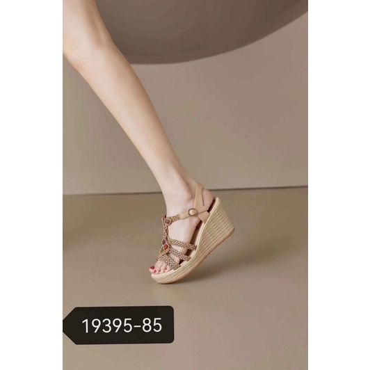 sandal đế xuồng quai nhựa giả cói màu kem/nâu quảng châu
