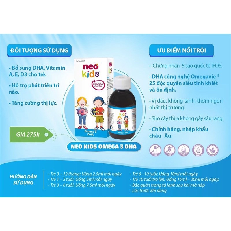 Neo kids Siro bổ sung Omega3 DHA  Vitamin A, D3 ,E phát triển trí não thị lực cho bé (chính hãng)