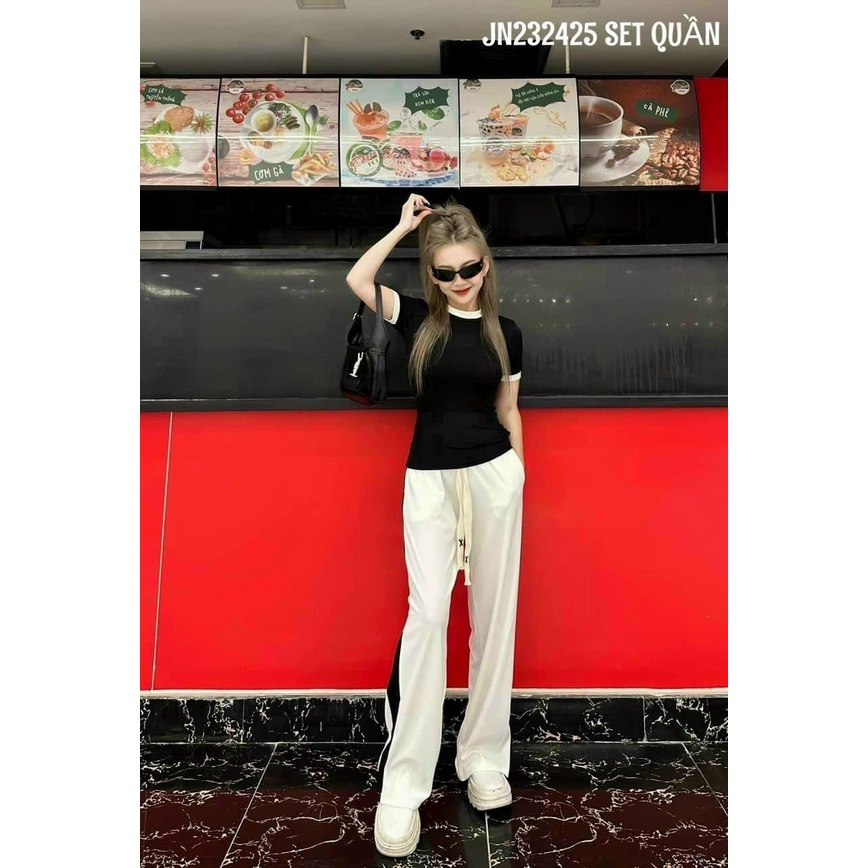 Set đồ nữ vải len tăm hottrend, quần ống rộng dài, áo thun body cổ tròn, set bộ thể thao năng động