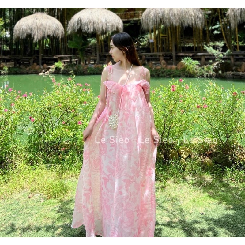 Đầm voan tơ suông bèo 2 dây hoạ tiết Hồng Vàng váy đi chơi du lịch Đà Lạt đi biển dễ thương hotgirl tk bầu bí bon chen