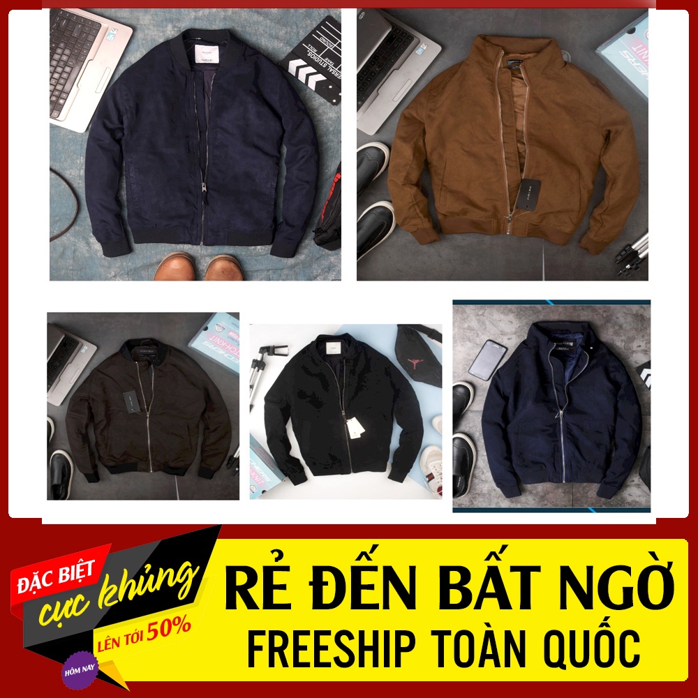 Giảm giá áo khoác nam chất liệu da lộn màu cổ cao cổ bomber