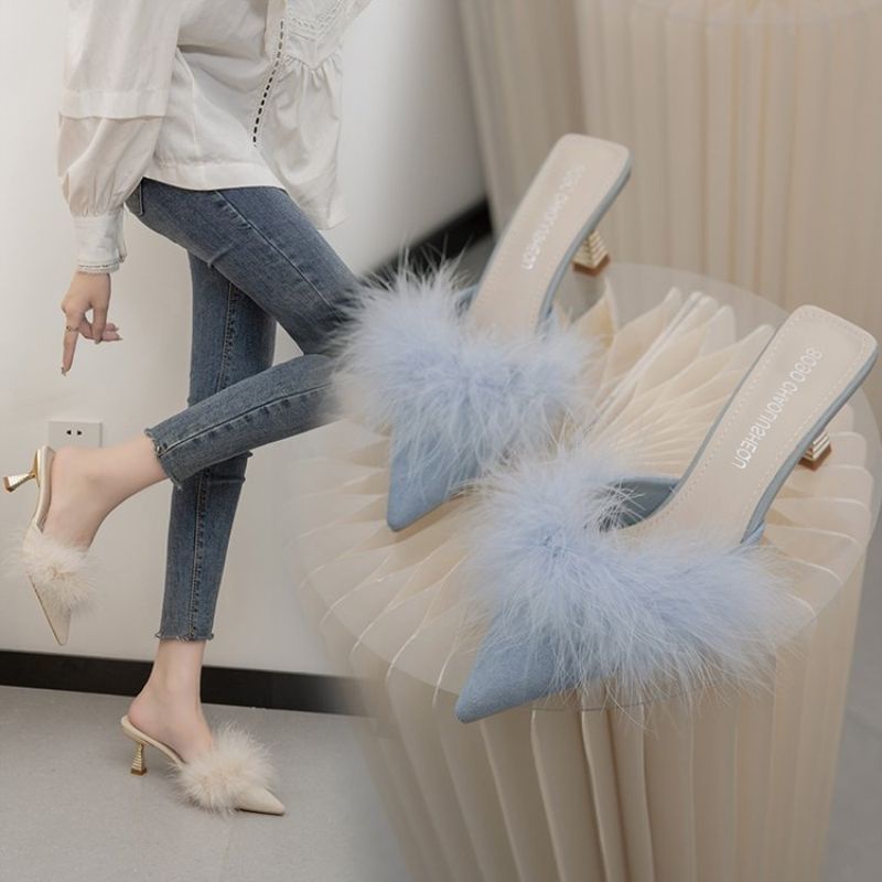 Giày Cao Gót Mũi Nhọn Phối Lông Tua Rua Thời Trang Cho Nữ