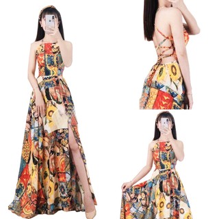 Váy đầm maxi hoa thổ cẩm SVD1TC đi biển 2 dây hở lưng dáng dài xẻ tà có mút ngực SAVVY Boho vintage dress cao cấp