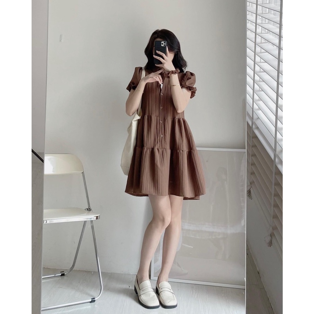 Váy mini ulzzang dáng ngắn EMIX, cộc tay phối cúc cổ sơ mi, chất đũi gân kèm dây buộc tóc 300