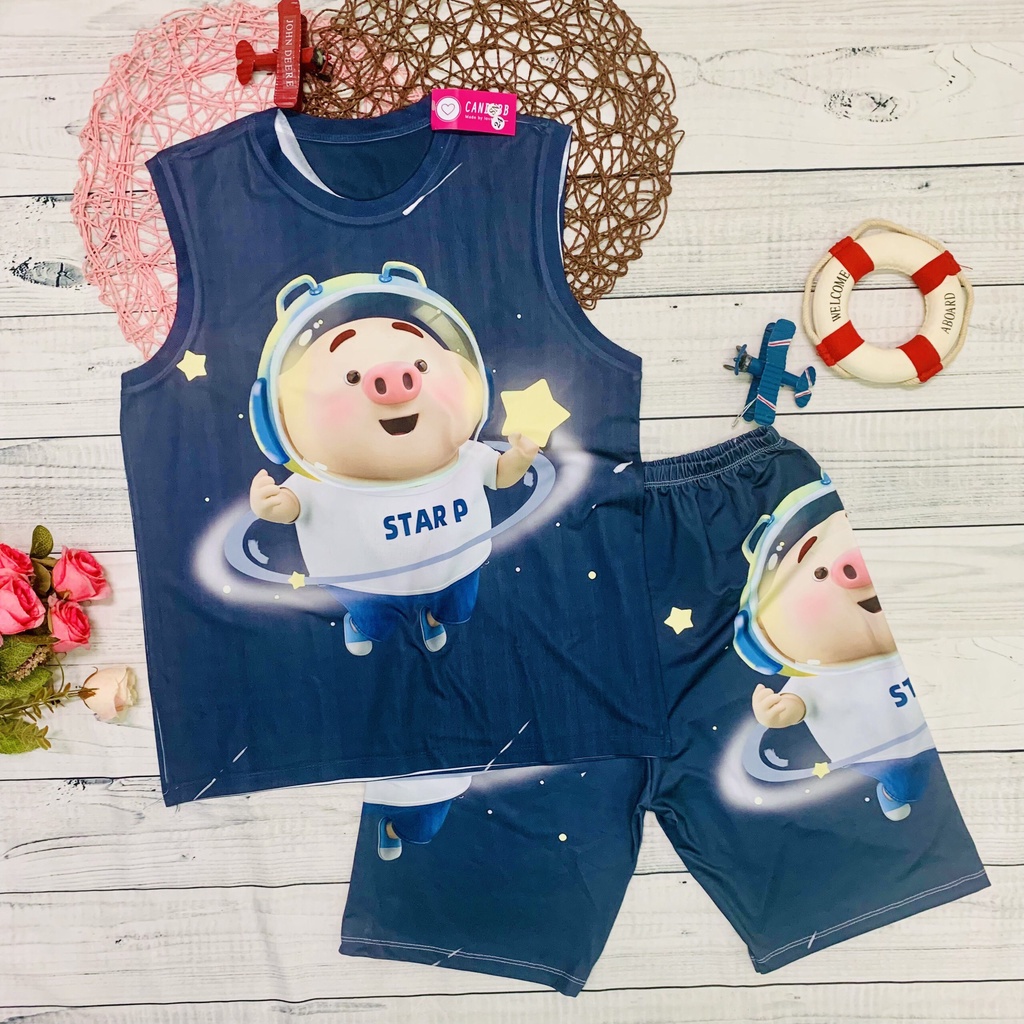 Đồ bộ ba lỗ bé trai, bộ thun lạnh sát nách trẻ em Heo tiktok nhiều mẫu size từ 10kg đến 60kg thun mềm mịn co giãn