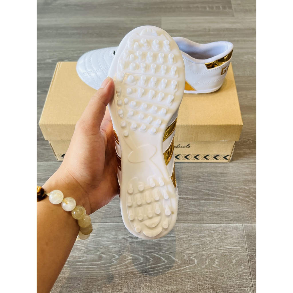 Giày Bóng Đá 3 Sọc Geet Chính Hãng, Màu Trắng Sọc Vàng Sân Cỏ Nhân Tạo