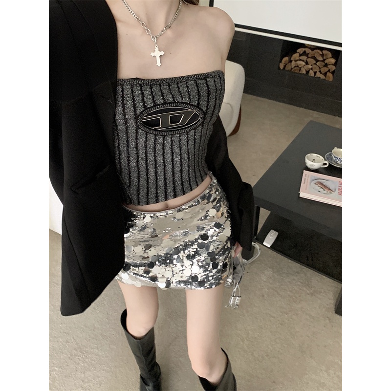 QADCOL Bộ Áo Dệt Kim Ôm Dáng Phối Chân Váy Lưng Cao Đính Kim Sa Lấp Lánh Quyến Rũ Cho Nữ