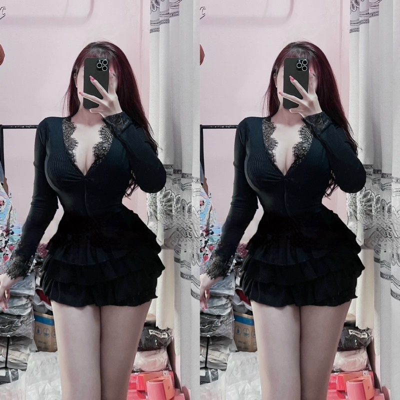 Set Bộ Áo Thun Gân Tay Dài Cổ V Viền Ren Chân Váy Tầng Voan