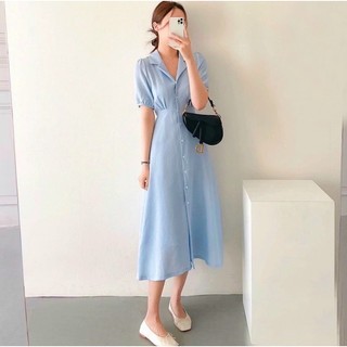 Đầm sơ mi basic tay bo cột eo màu trắng mint xanh biển