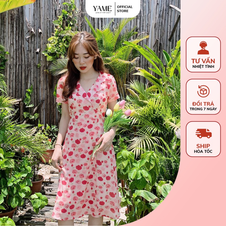 Váy hoa hồng cổ vest hai màu xanh, hồng chất vải hoa xốp cao cấp 2 lớp đi chơi đi du lịch YAME