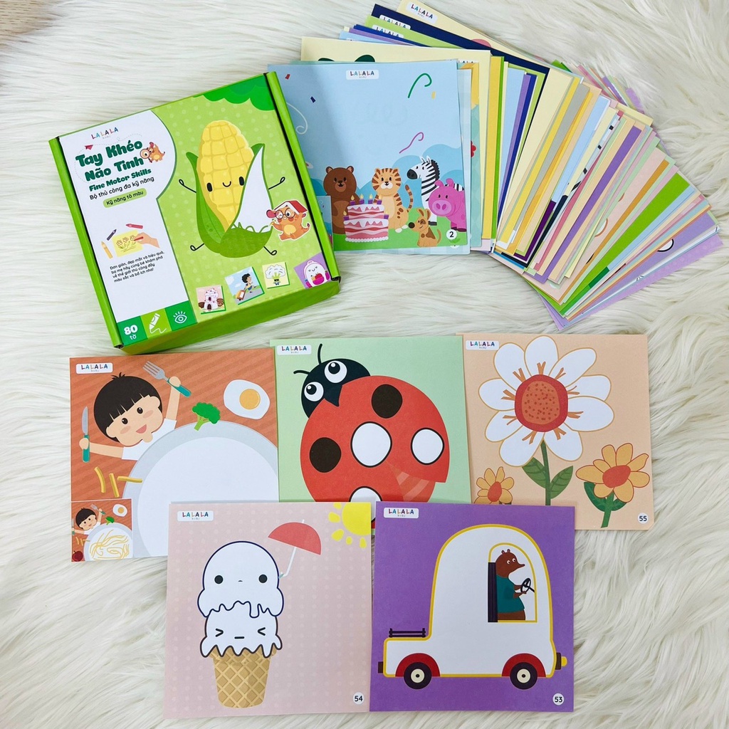 Bộ thủ công tô màu, gấp giấy cắt giấy của Lalababy made in việt nam giúp bé rèn luyện vận động tay, kĩ năng cắt dán