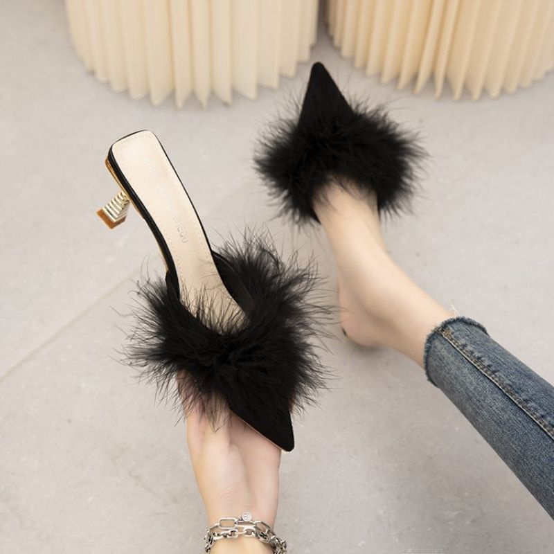 Giày Cao Gót Mũi Nhọn Phối Lông Tua Rua Thời Trang Cho Nữ