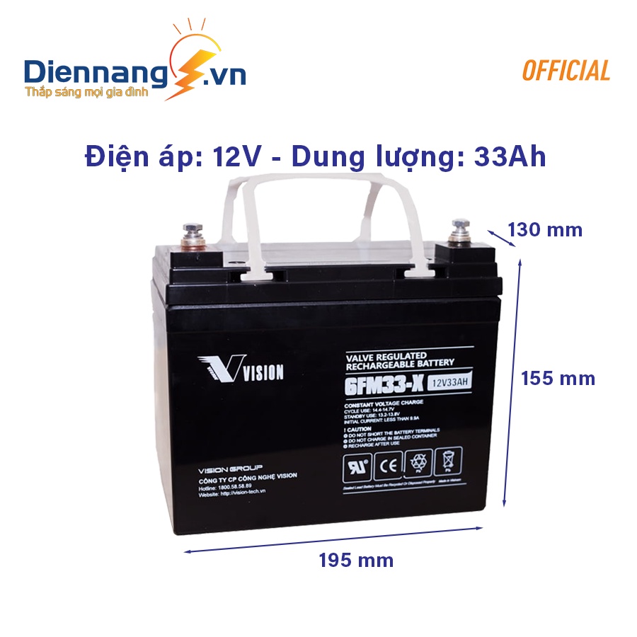 Ắc quy Vision 6FM33-X , acquy cho máy kích điện, viễn thông, năng lượng mặt trời, truyền hình cáp, đèn báo v.v