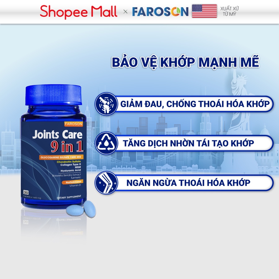 Viên uống Glucosamine xương khớp Faroson Joints Care 9 in 1 hộp 60 viên