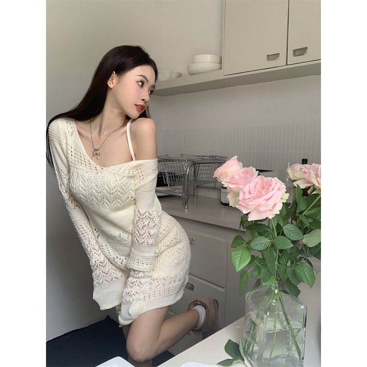 Lalisas Đầm Dệt Kim Tay Dài Khoét Rỗng Gợi Cảm Phong Cách Pháp Cho Nữ