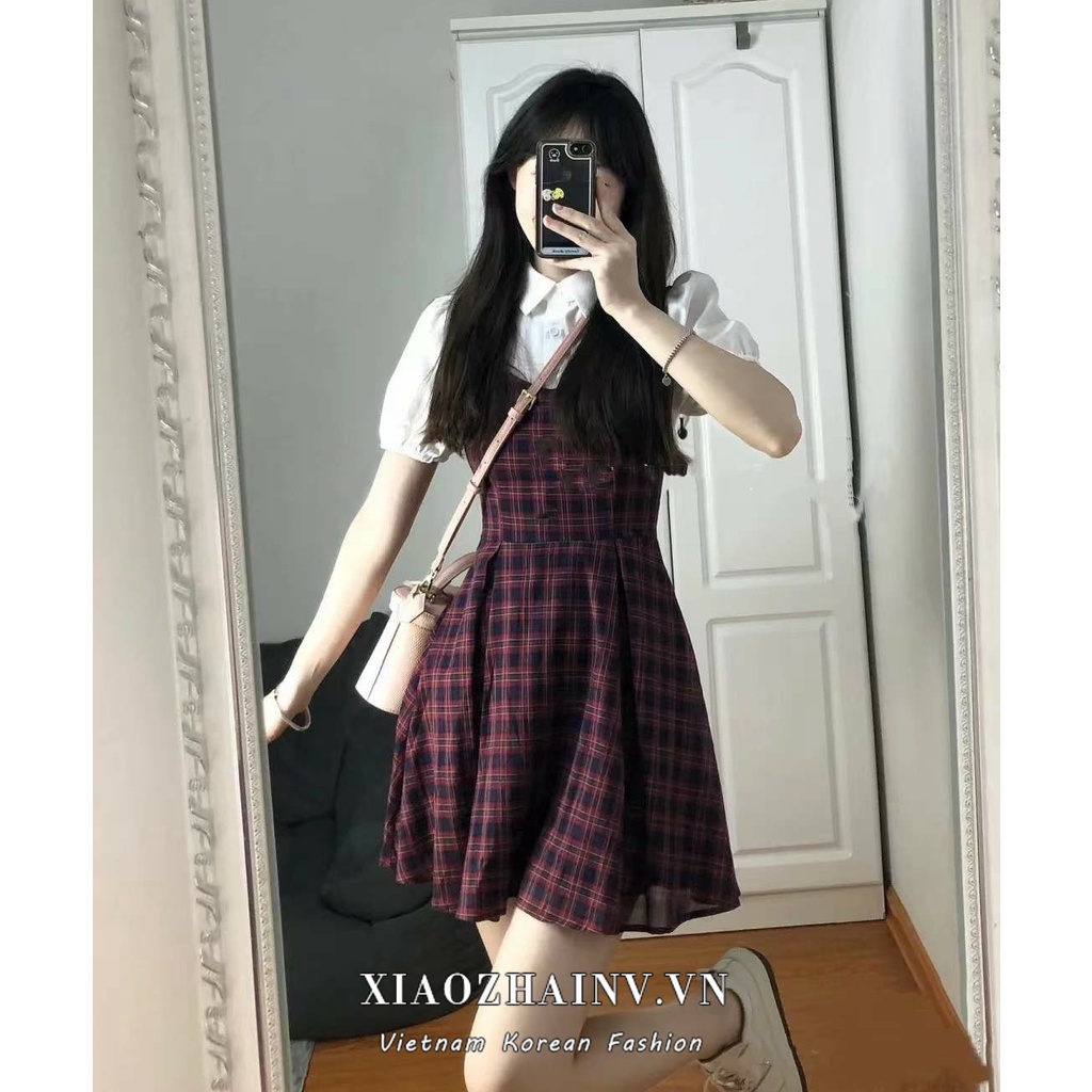 Xiaozhainv Đầm midi Tay Phồng Ngắn Họa Tiết Sọc Caro Phong Cách retro Mỹ