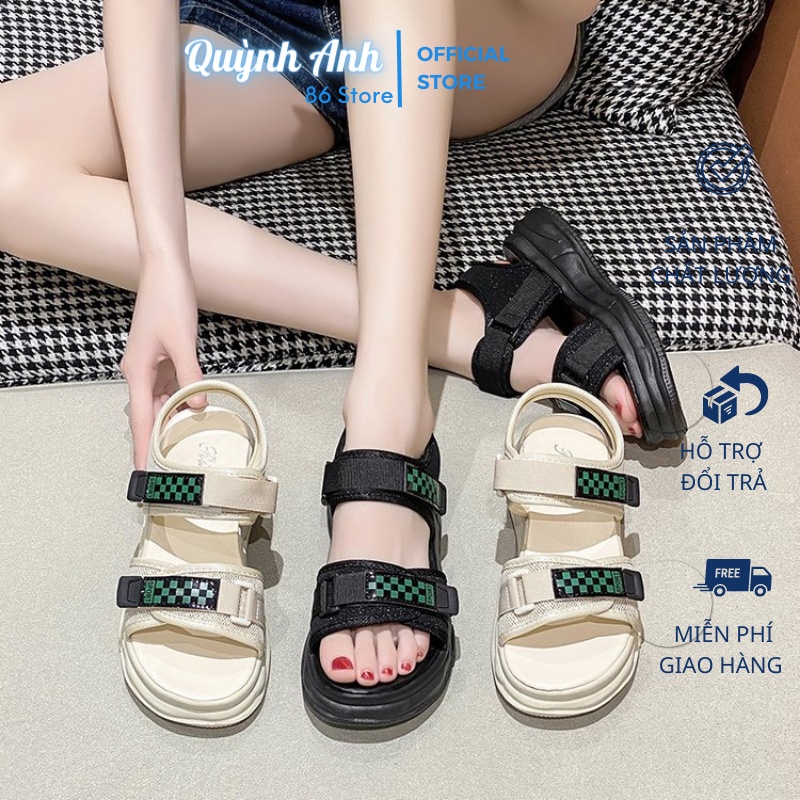 Dép Sandan Kẻ Ô Xanh Quai Dán ,giày Sandan Đế Cao 5cm ,chất Liệu Pha Kim Tuyến