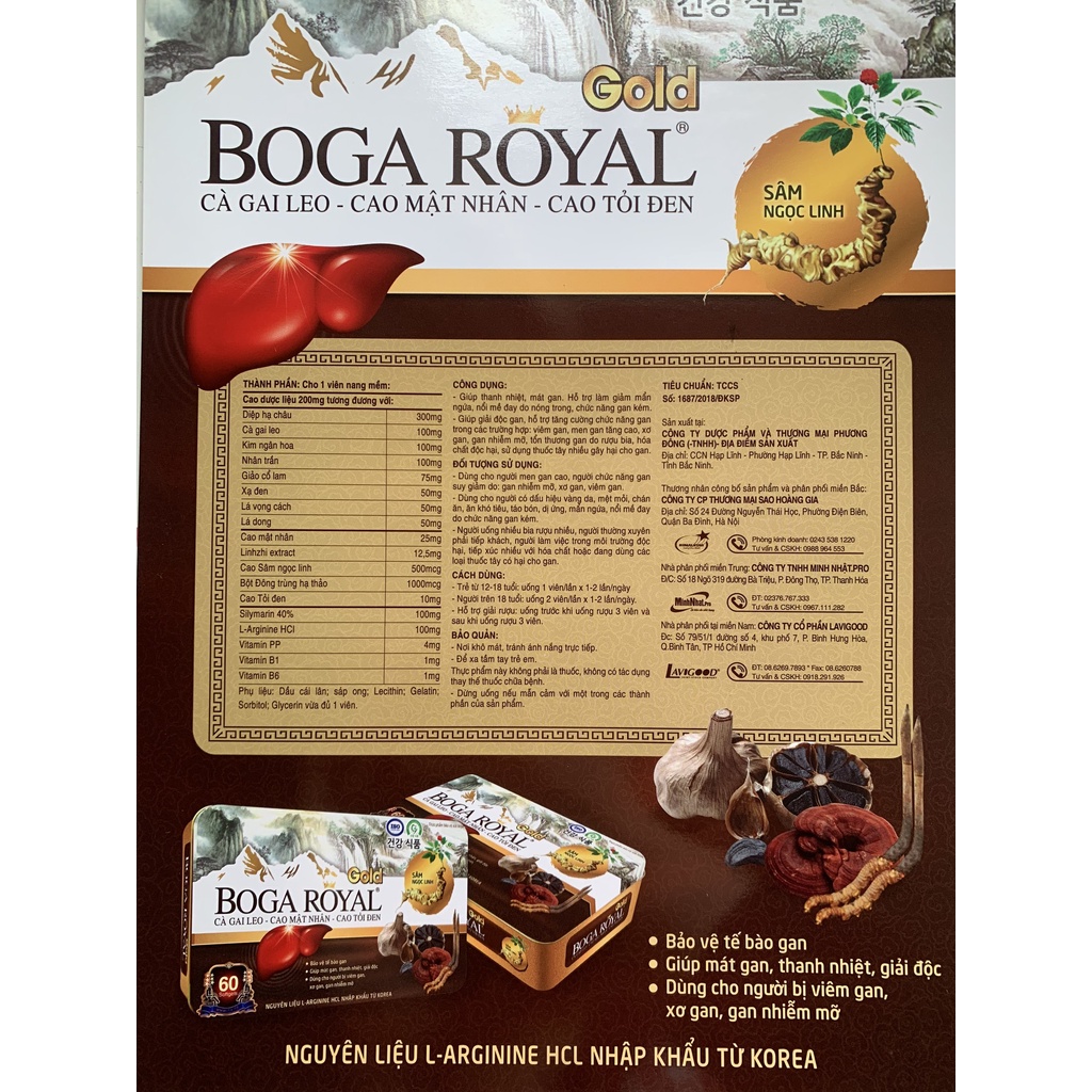 Viên giải độc gan BOGA ROYAL - Viên bổ gan, hạ men gan, tăng cường chức năng gan BogaRoyal Hộp 60 viên