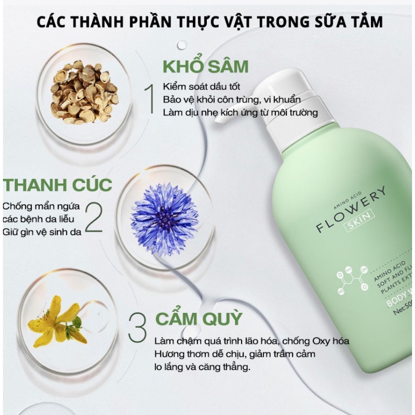Combo Dầu Gội, Dầu Xả Sữa Tắm Hương Nước Hoa Muối Biển Flowery 500ml Chăm Sóc Bảo Vệ Tóc Nuôi Dưỡng Làn Da Body