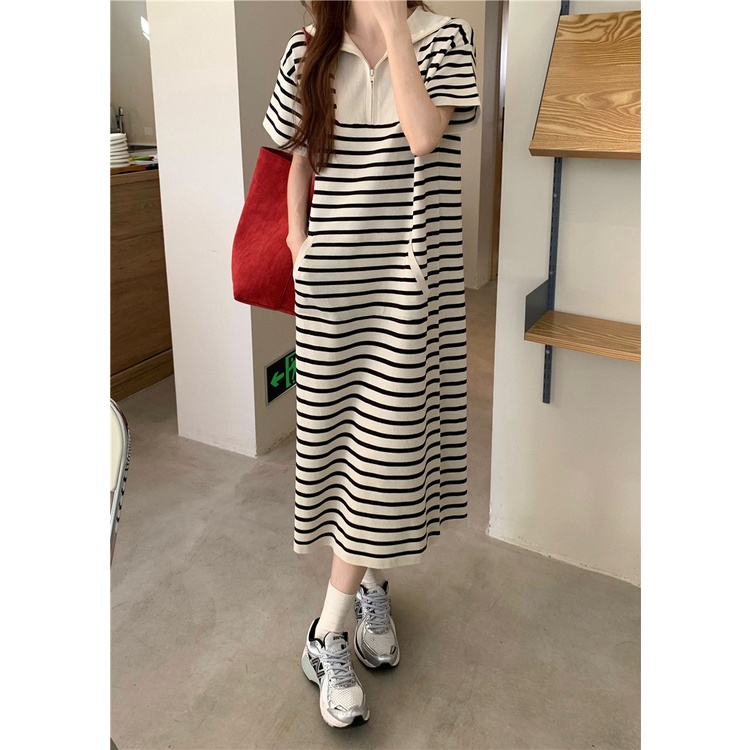 Váy Polo Có Cổ Đầm Liền Suông Dài Form Rộng Kẻ Có Túi Basic Co Giãn Mùa Hè Hàn Quốc Trẻ Trung Năng Động Hàng Quảng Châu