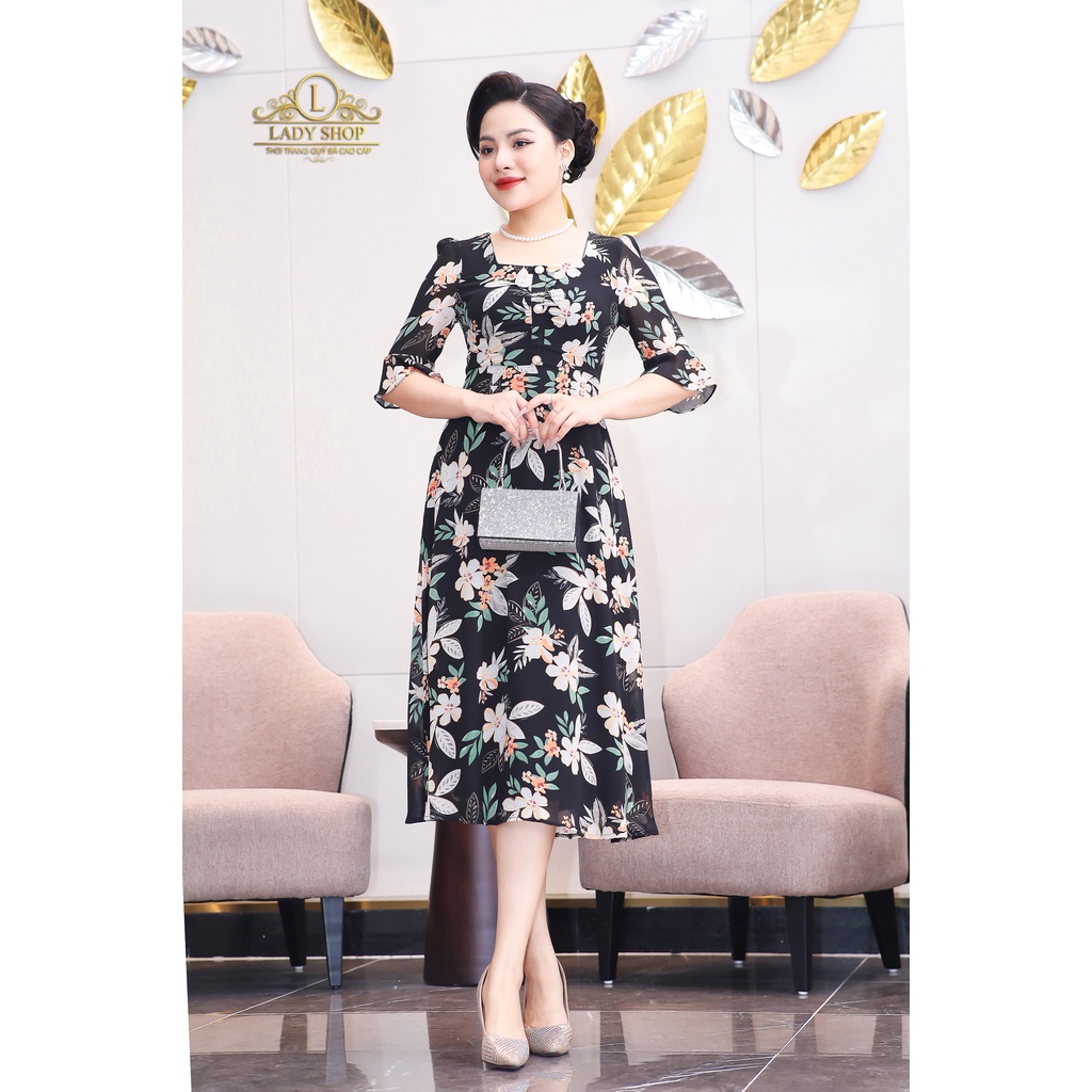 Đầm voan cổ vuông tay loe Ladyshop thời trang trung niên cao cấp T97