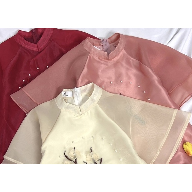 Set áo dài tơ Organza thêu hoa nổi tay bèo tiểu thư, mặc đám cưới hỏi lễ tết du xuân trẻ trung sang chảnh
