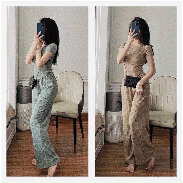 Set đồ bộ nữ áo ngắn tay vạt bầu mix quần dài ống rộng dành cho các nàng mặc đi chơi, ở nhà hay đi làm siêu đẹp .