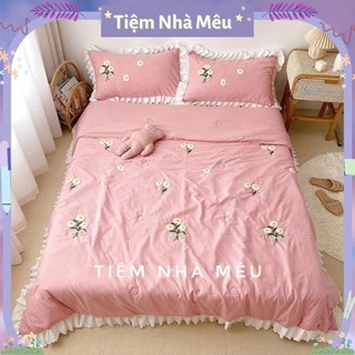 Bộ chăn mền ga gối 4 món cotton đũi bèo thêu hoa cúc siêu mềm mịn hàng loại 1 cao cấp nhập khâu