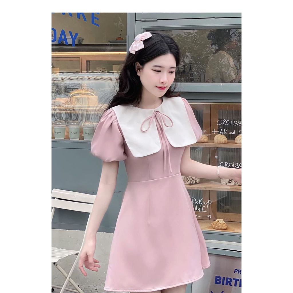 Váy tiểu thư hàn quốc, Đầm dự tiệc thủy thủ màu hồng, xanh cổ bánh bèo dễ thương DELIZ | BigBuy360 - bigbuy360.vn